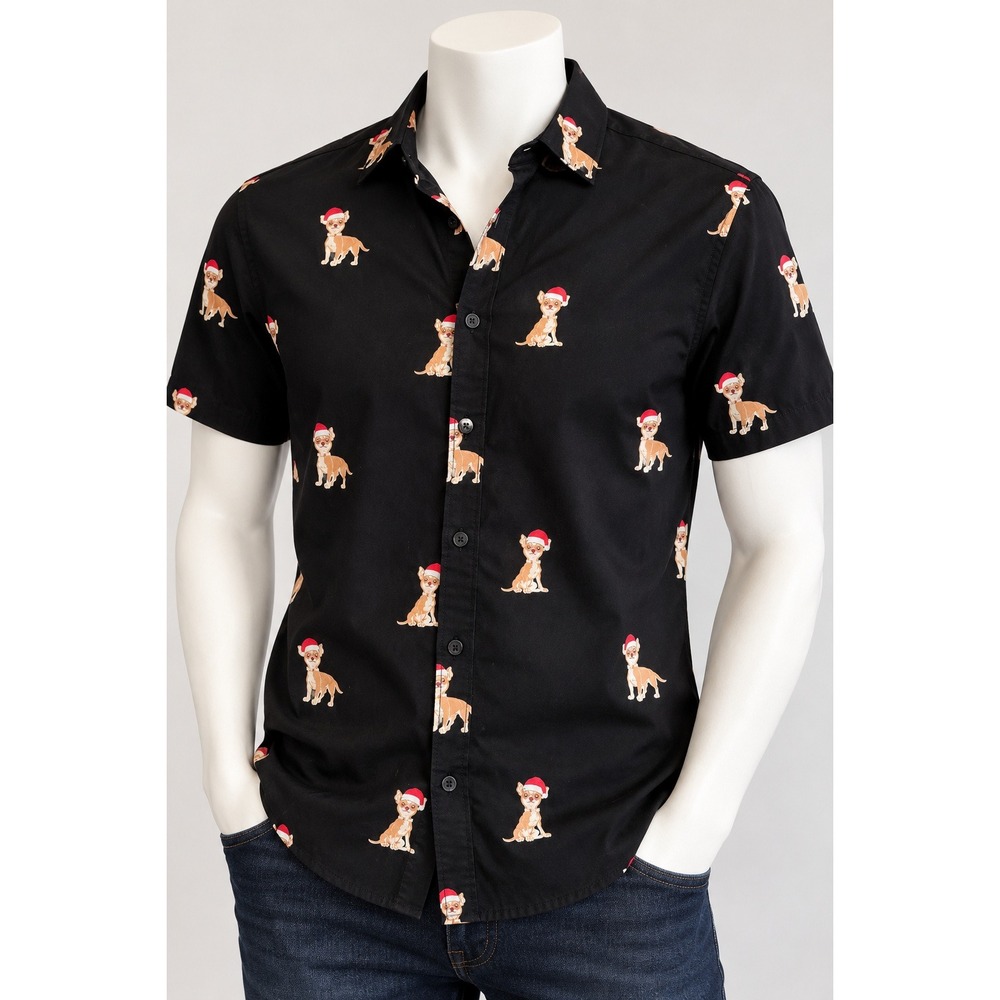 Denim & Flower Ricky Singh Mens Medium Black Chihuahua Santa Hat Christmas Shirt